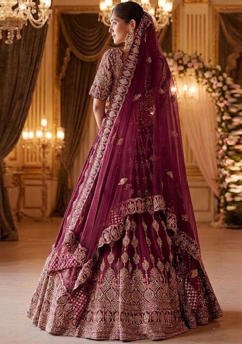 Deep Wine Embroidered Bridal Lehenga Set - Indya
