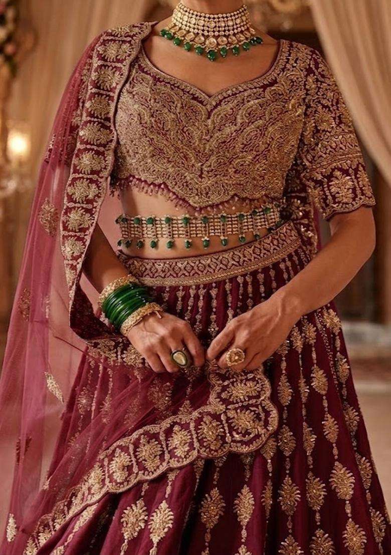 Deep Wine Embroidered Bridal Lehenga Set - Indya