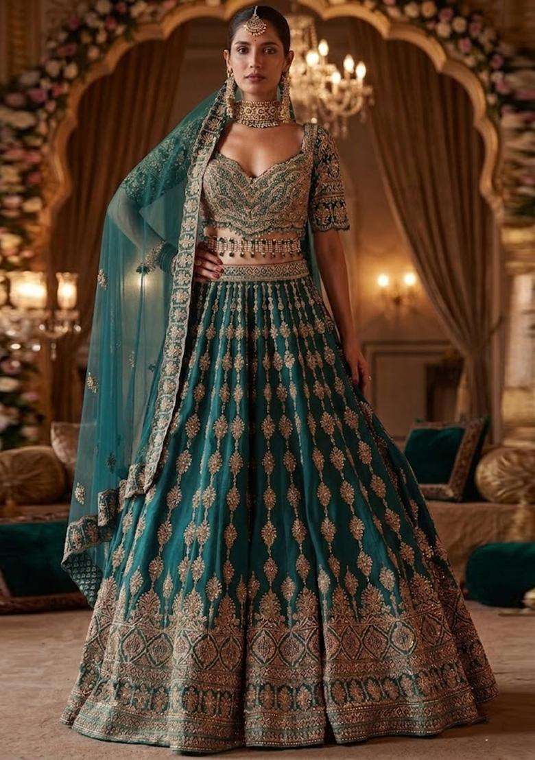 Teal Embroidered Bridal Lehenga Set - Indya