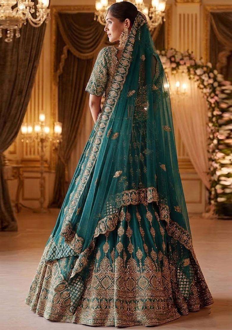 Teal Embroidered Bridal Lehenga Set - Indya