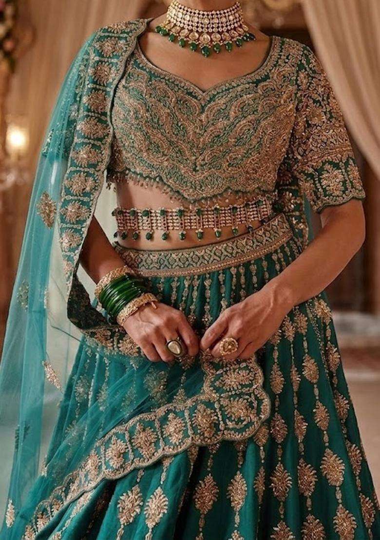Teal Embroidered Bridal Lehenga Set - Indya