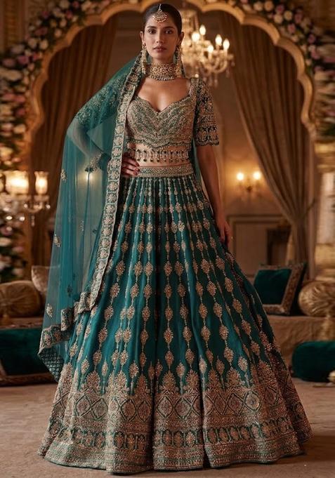 Teal Embroidered Bridal Lehenga Set — view on Indya