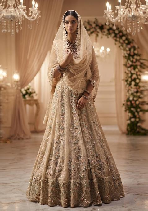 Champagne Gold Embroidered Bridal Lehenga Set — view on Indya