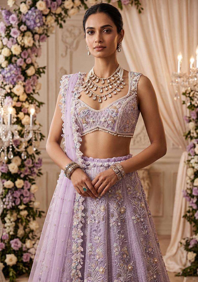 Lavendar  Embroidered Bridal Lehenga Set - Indya