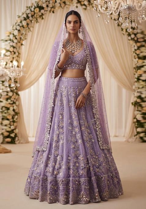 Lavendar Embroidered Bridal Lehenga Set — view on Indya