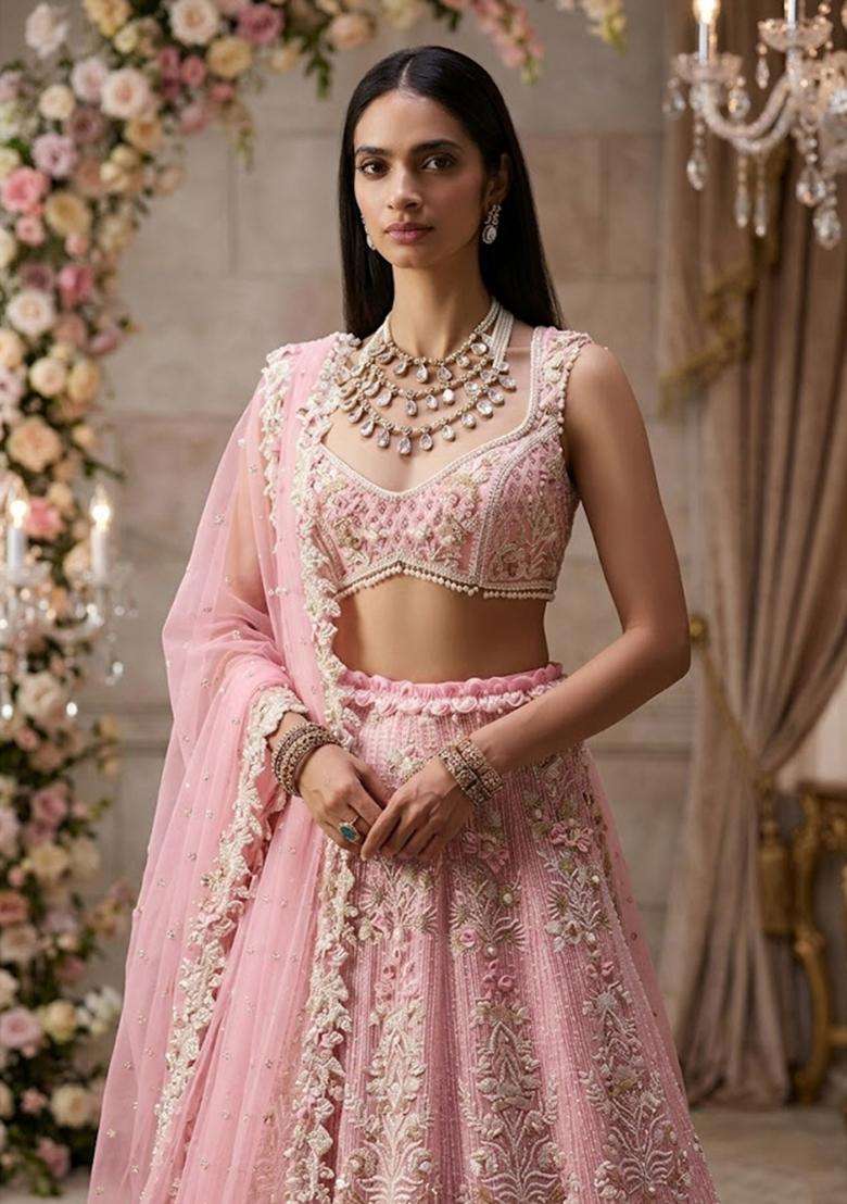Blush Pink Embroidered Bridal Lehenga Set - Indya