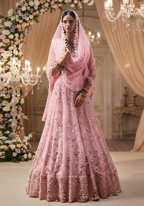 Blush Pink Embroidered Bridal Lehenga Set — view on Indya