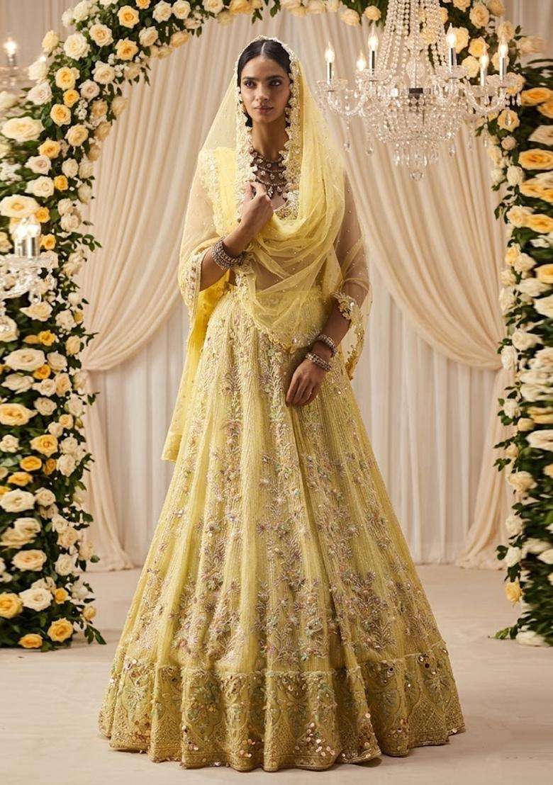 Light Yellow Embroidered Bridal Lehenga Set - Indya