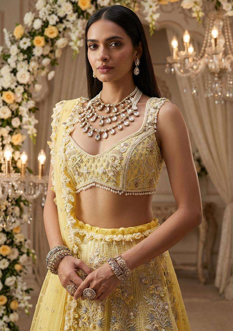 Light Yellow Embroidered Bridal Lehenga Set - Indya