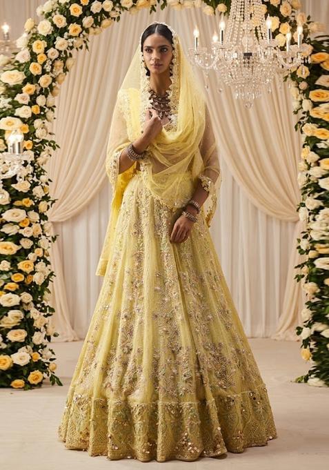 Light Yellow Embroidered Bridal Lehenga Set — view on Indya