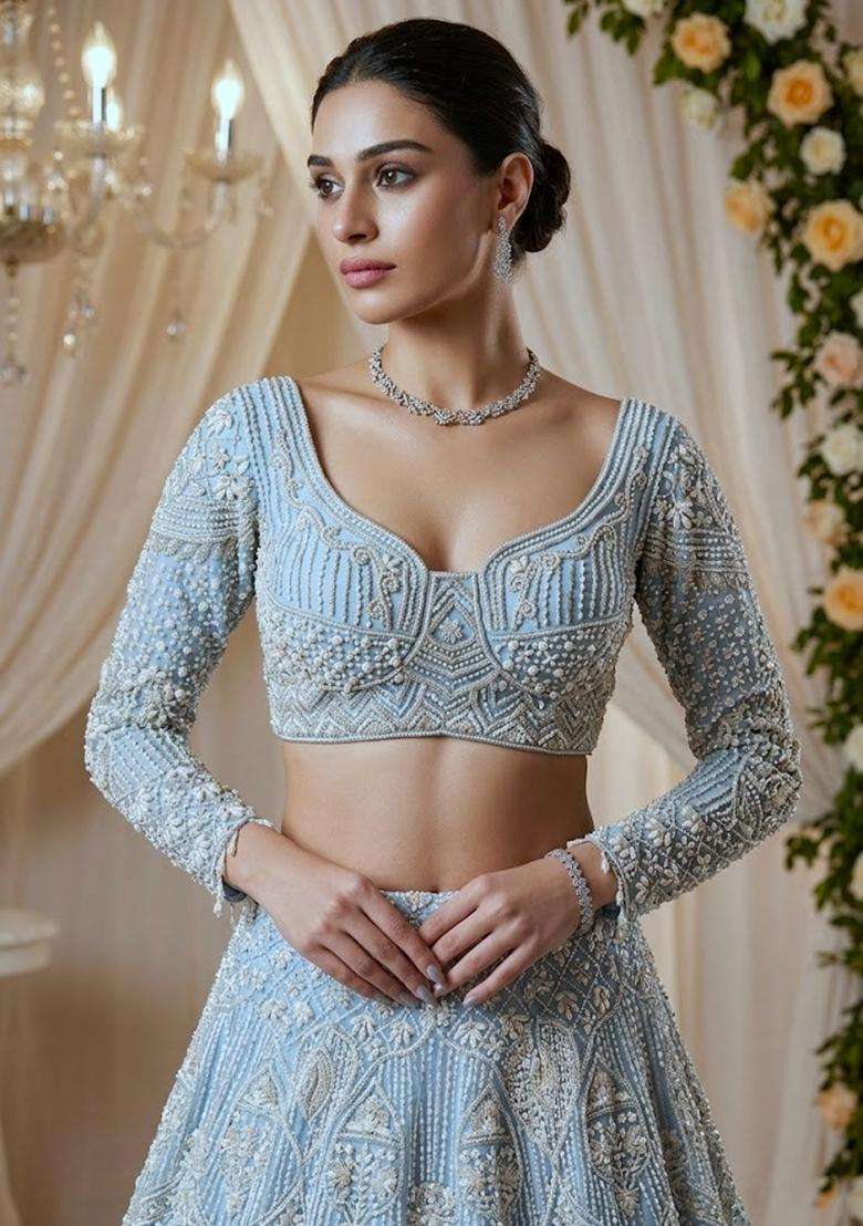 Powder Blue Embroidered Bridal Lehenga Set - Indya