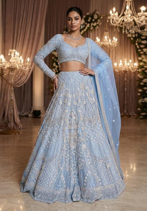 Powder Blue Embroidered Bridal Lehenga Set — view on Indya