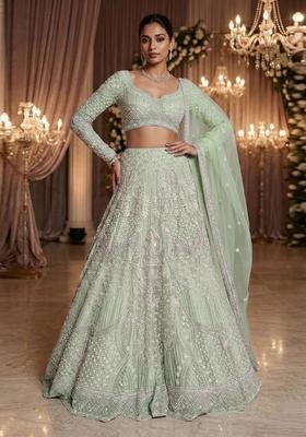 Pastel Green Embroidered Bridal Lehenga Set