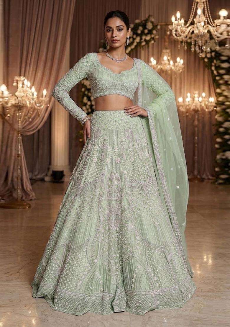 Pastel Green Embroidered Bridal Lehenga Set - Indya