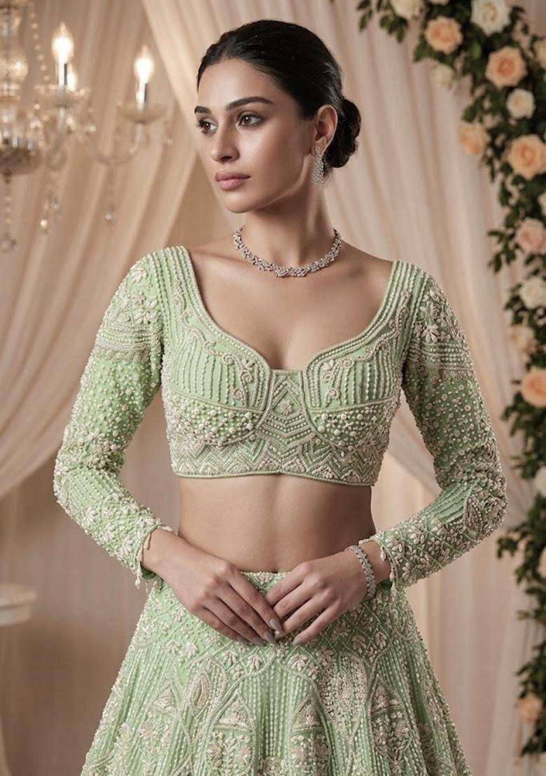 Pastel Green Embroidered Bridal Lehenga Set - Indya