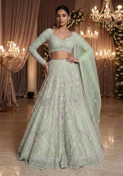 Pastel Green Embroidered Bridal Lehenga Set — view on Indya