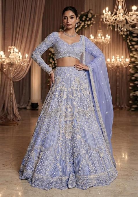 Lavendar Embroidered Bridal Lehenga Set — view on Indya