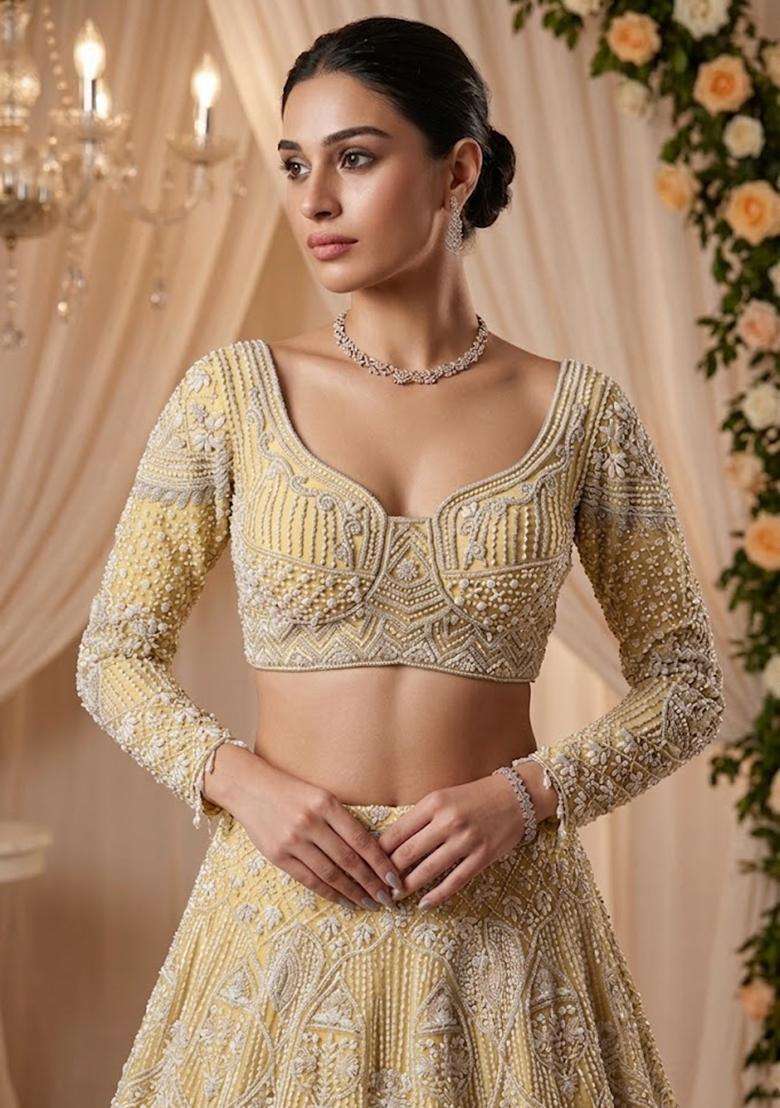 Light Yellow Embroidered Bridal Lehenga Set - Indya