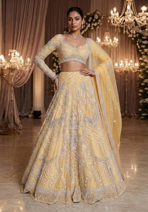 Light Yellow Embroidered Bridal Lehenga Set — view on Indya