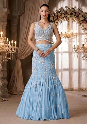 Sky Blue Embroidered Bridal Lehenga Set