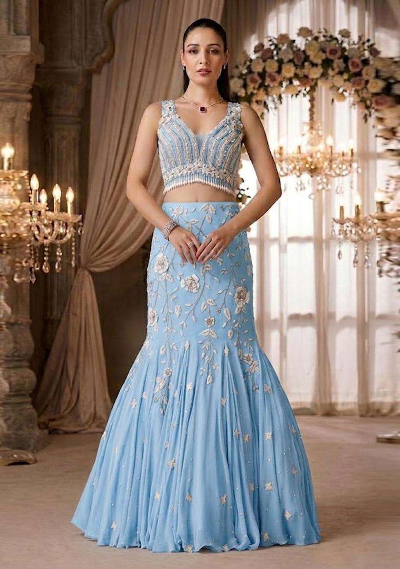 Sky Blue Embroidered Bridal Lehenga Set - Indya