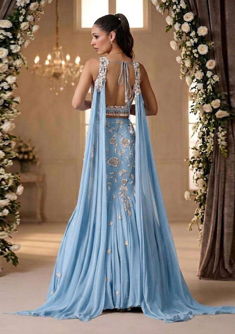 Sky Blue Embroidered Bridal Lehenga Set - Indya