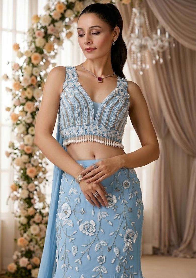 Sky Blue Embroidered Bridal Lehenga Set - Indya