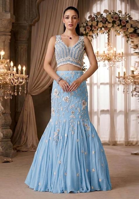 Sky Blue Embroidered Bridal Lehenga Set — view on Indya
