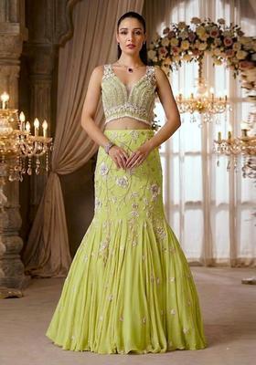 Lime Green Embroidered Bridal Lehenga Set