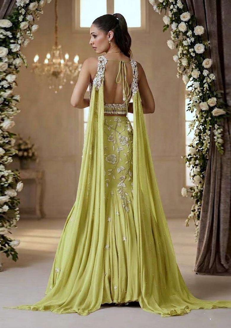Lime Green Embroidered Bridal Lehenga Set - Indya