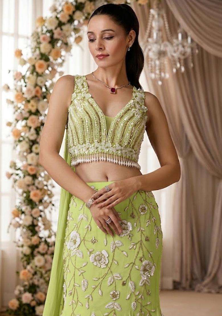 Lime Green Embroidered Bridal Lehenga Set - Indya