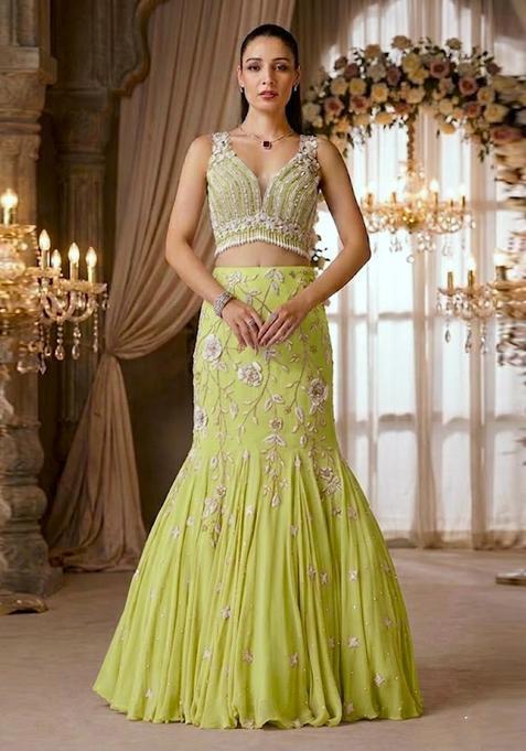 Lime Green Embroidered Bridal Lehenga Set — view on Indya