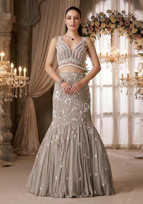 Grey Embroidered Bridal Lehenga Set — view on Indya