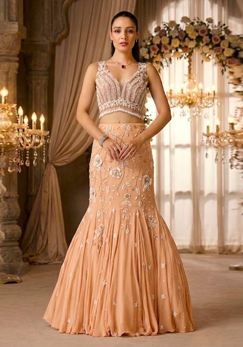 Peach Embroidered Bridal Lehenga Set — view on Indya