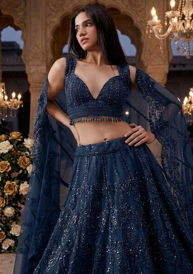 Teal Blue Embroidered Bridal Lehenga Set - Indya