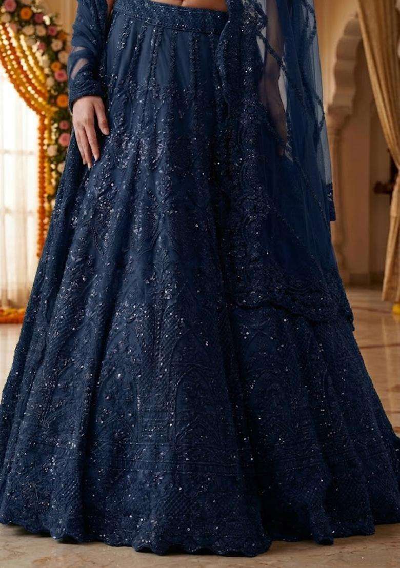 Teal Blue Embroidered Bridal Lehenga Set - Indya