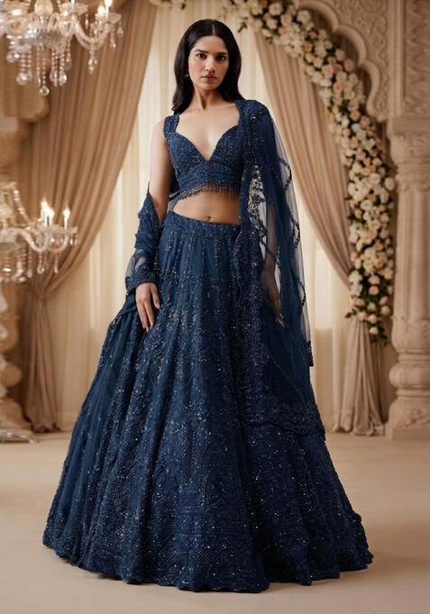 Teal Blue Embroidered Bridal Lehenga Set — view on Indya