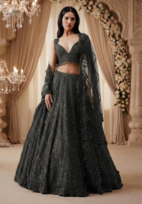 Black Embroidered Bridal Lehenga Set — view on Indya