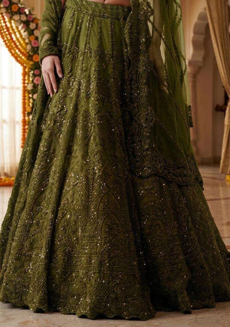 Mehendi Green Embroidered Bridal Lehenga Set - Indya