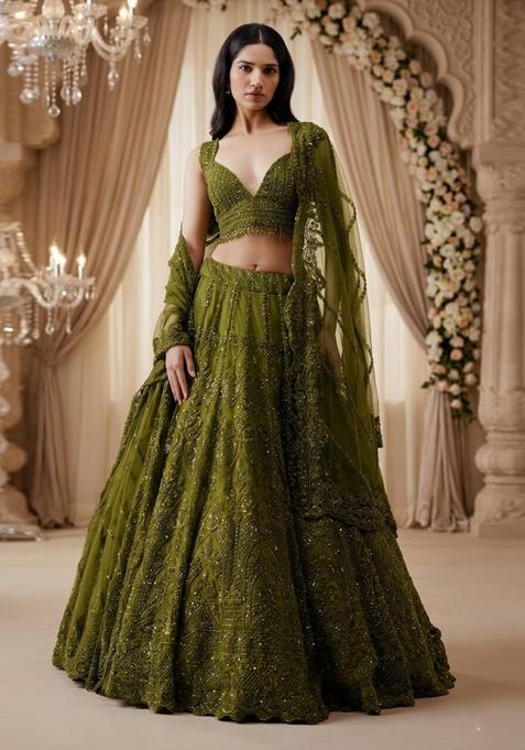 Mehendi Green Embroidered Bridal Lehenga Set — view on Indya