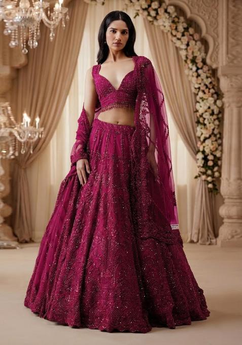 Rani Pink Embroidered Bridal Lehenga Set — view on Indya