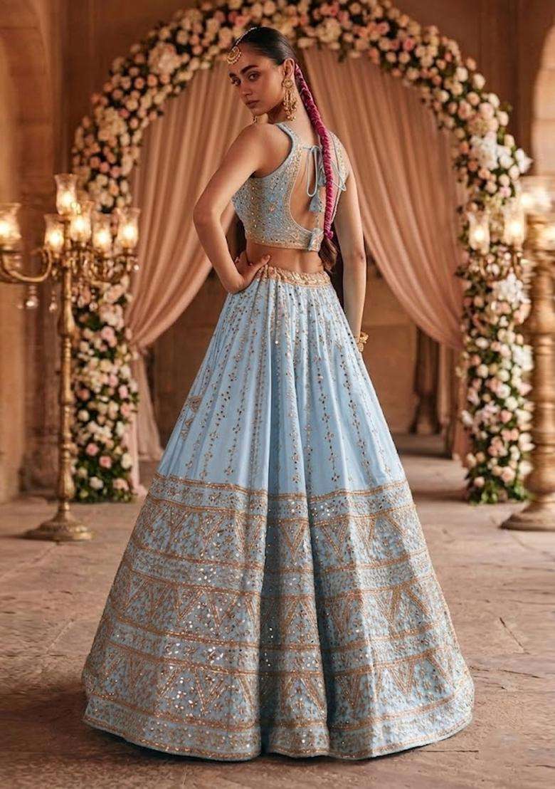 Ice Blue Embroidered Bridal Lehenga Set - Indya