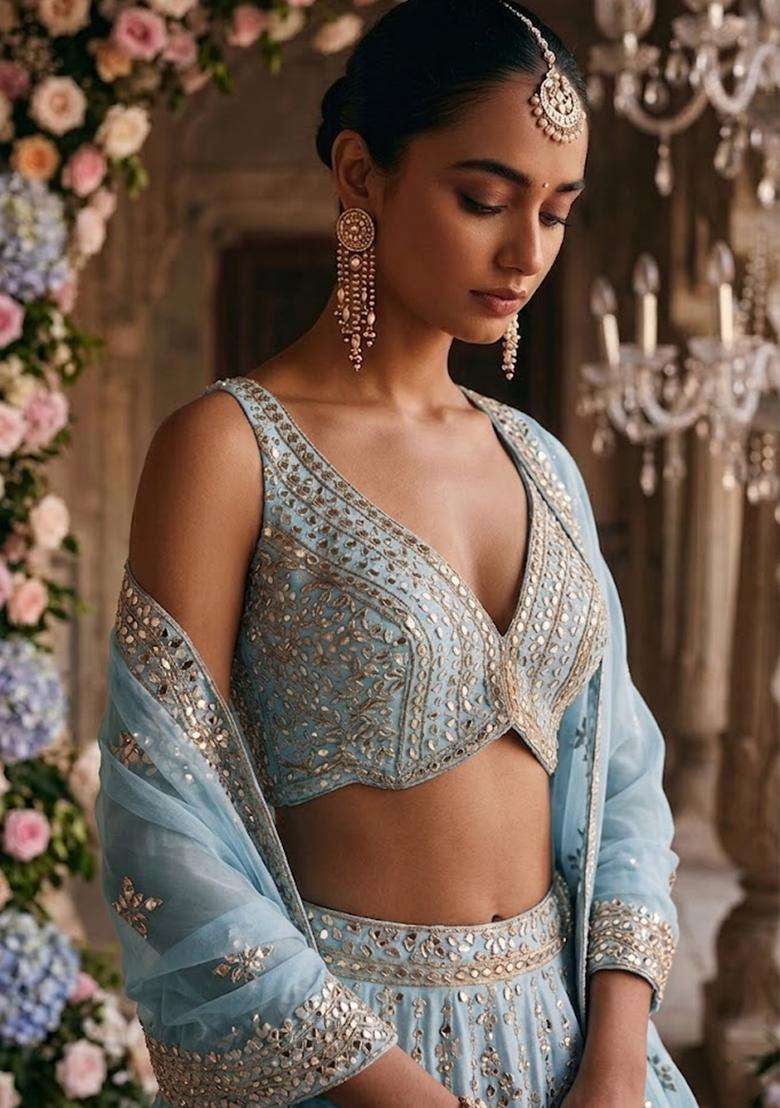 Ice Blue Embroidered Bridal Lehenga Set - Indya