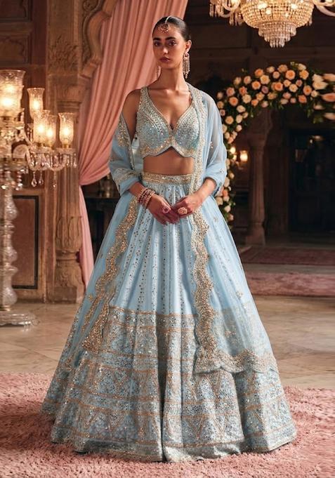 Ice Blue Embroidered Bridal Lehenga Set — view on Indya