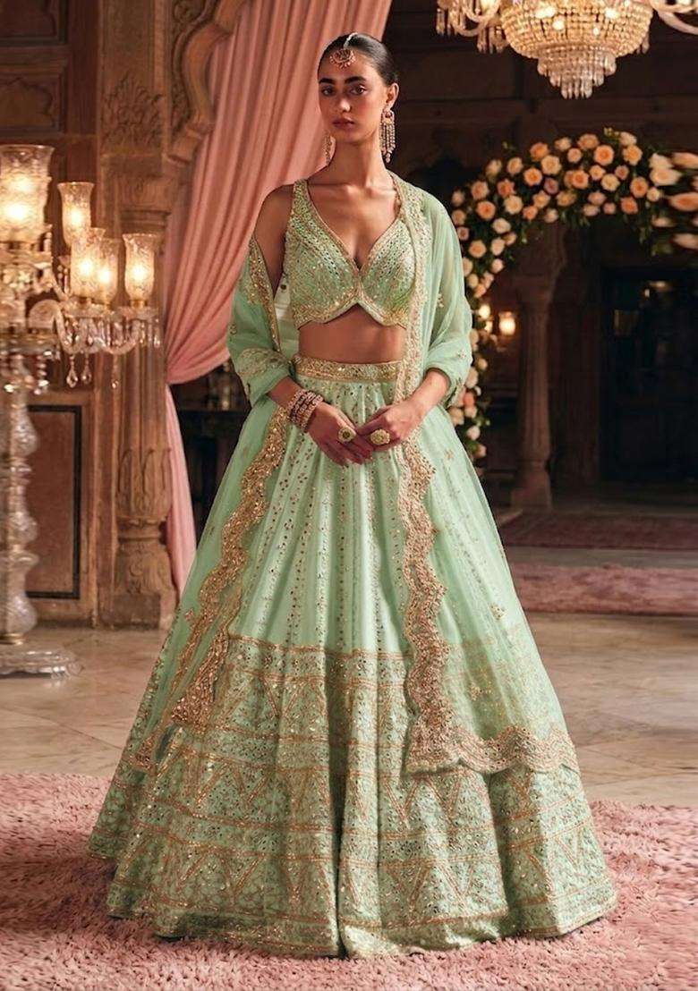 Pastel Green Embroidered Bridal Lehenga Set - Indya