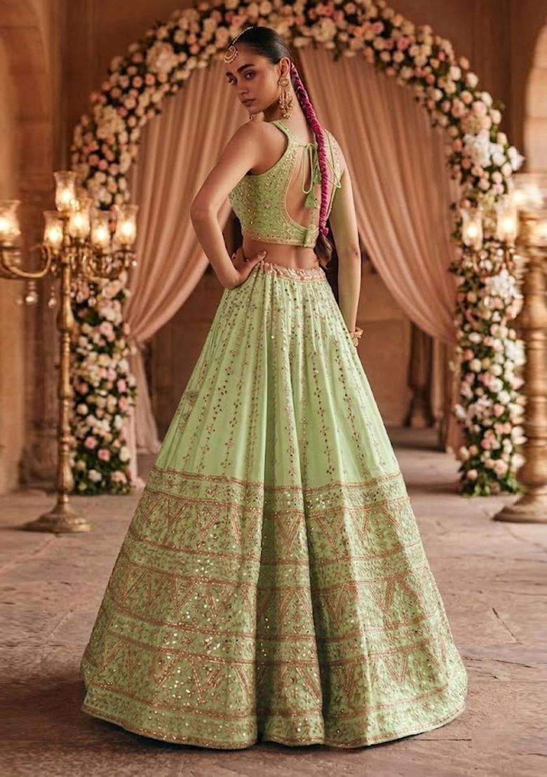 Pastel Green Embroidered Bridal Lehenga Set - Indya