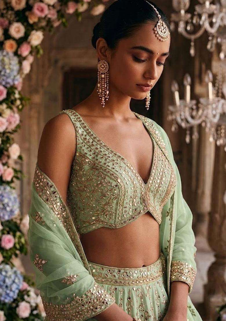 Pastel Green Embroidered Bridal Lehenga Set - Indya
