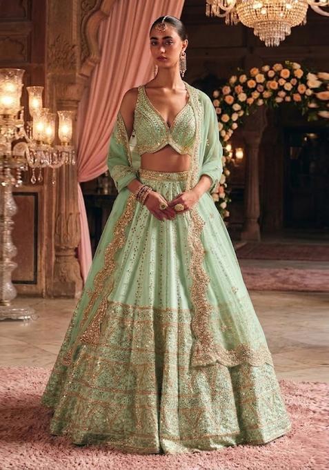 Pastel Green Embroidered Bridal Lehenga Set — view on Indya