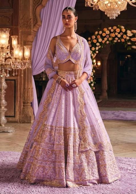 Lavendar Embroidered Bridal Lehenga Set — view on Indya