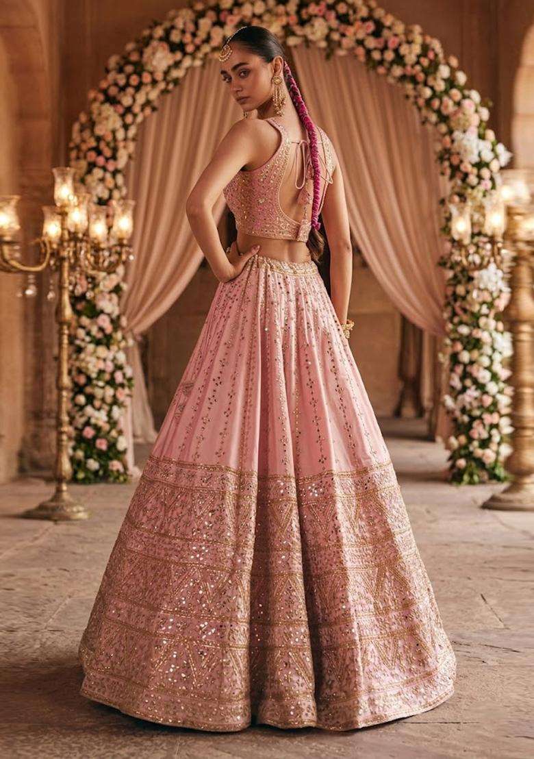 Soft Peach Embroidered Bridal Lehenga Set - Indya